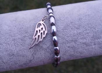 Bransoletka z Hematytu srebrnego łezki,damska, zawieszka skrzydełko