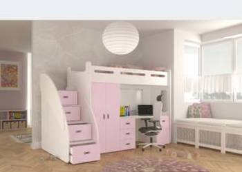 Piętrowe łóżko dziecięce z biurkiem i szafą