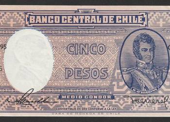 CHILE 5 PESOS 1958/59 - O'HIGGINS  - STAN BANKOWY UNC