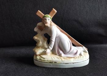 Stara przedwojenna figurka Jezus pod Krzyżem, biskwit