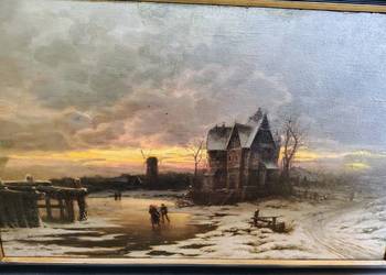 Stary obraz olejny Zima lodowisko