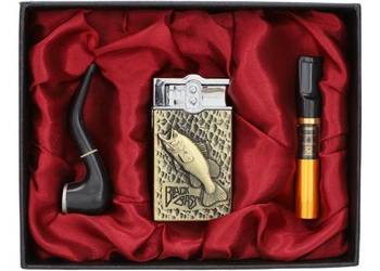 Złota Zapalniczka Gazowa dla Fana Ryb W Zestawie z Cygarniczką i Fajką