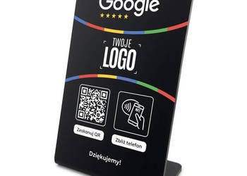 Stojak, prezenter gięty z QR, NFC i logo firmy do zbierania opinii w Google