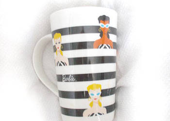 retro barbie kubek w paski, porcelanowy kubek barbie, kubek z porcelany
