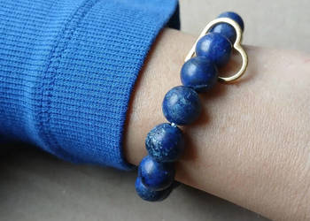 Bransoletka damska z Lapis Lazuli 10mm z sercem,złota granatowa