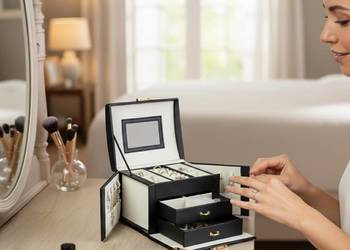 Szkatułka na biżuterię czarna z zamkiem – organizer z szufladami i lusterki