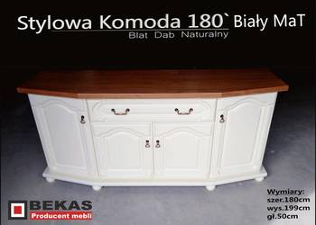 Stylowa Biała Komoda 180` Blat Naturalny Dąb Bekas Producent Mebli