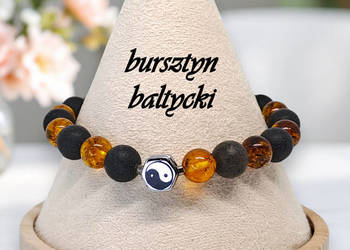 Bransoletka z bursztynu bałtyckiego, kulki koniak, czarne, yin yang #829