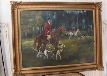 WOJCIECH KOSSAK - Myśliwy na Koniu Polowanie Par Force - Piękny Stary Obraz