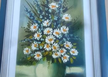 Olejny obraz ręcznie malowany - bukiet polnych kwiatów ze stokrotkami