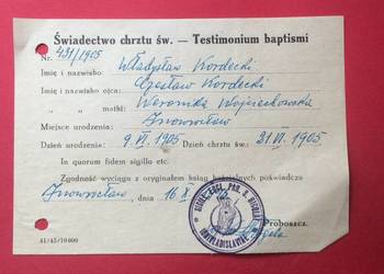 ( 1334 ) Świadectwo Chrztu Św. Kordecki