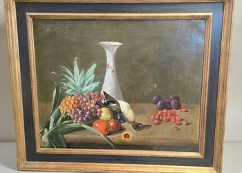 Martwa natura owoce i ptak olej na płótnie w drewnianej ramie XIXw 97/82cm