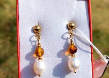 KOLCZYKI STAL SZLACHETNA SZTYFTY BURSZTYN PERŁY NATURALNE UNIKAT PUDEŁKO