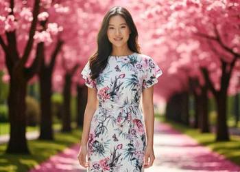 Sukienka damska elegancka kwiaty falbana wiązana paskiem r. 40 biust 100 cm