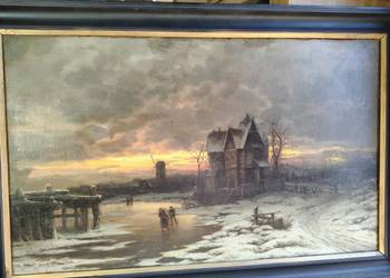 Stary obraz olejny Zima lodowisko