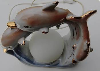 Delfiny - lampka ceramiczna glazura ze złotą farbą - PRL
