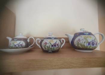 Porcelana Ręcznie Malowana Irysy Kwiaty Japoński DzbanekCukiernicaMlecznik