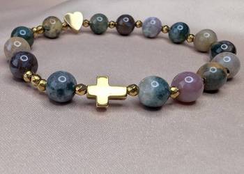 Bransoletka różaniec kamienie agat krzyżyk serduszko prezent pamiątka