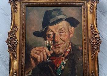 Stary Oryginalny obraz olejny – Portret Mężczyzny z Kieliszkiem – Harry HAE