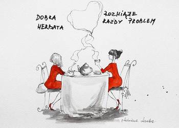 "Przy herbatce" praca akwarelami oraz piórkiem artystki Adriany Laube