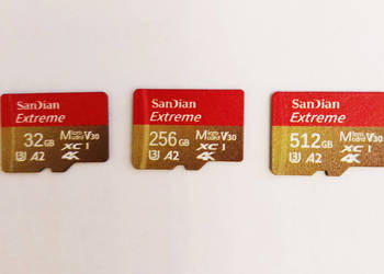 3 karty pamięci SD 32 GB, 256 GB i 512 GB