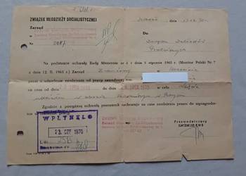 Dokument ZMS Szczecin, 1970 r. Prośba o zwolnienie pracownika na szkolenie.