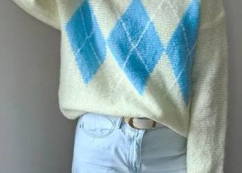 Pastelowy sweter damski w romby oversize guziki preppy retro wiosna M L XL