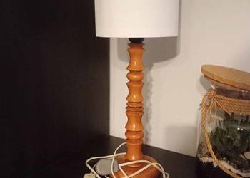 Lampa stołowa drewniana z abażurem PRL
