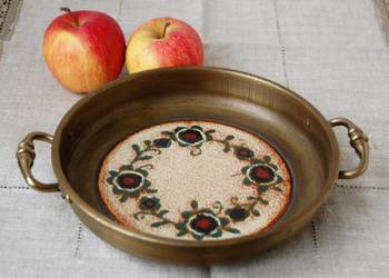 Patera mosiężna mosiądz ceramika, Szwajcaria, antyk, vintage