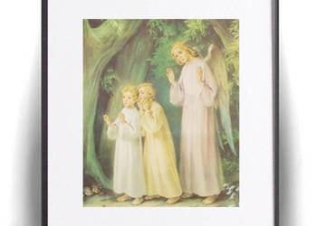 retro obrazek religijny, vintage plakat z aniołem i dziećmi, religia plakat