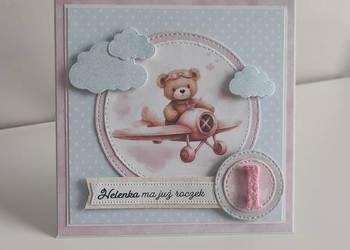 Kartka ręcznie robiona personalizowana urodziny roczek miś w samolocie