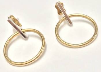 Złote kolczyki 585 14K dwukolorowe koła minimalistyczne sztyft żółto-białe