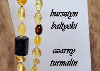 Bransoletka bursztyn cytrynka, koniak, czarny turmalin walec #90