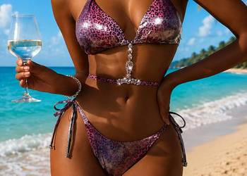 Bikini strój kąpielowy panterka cyrkonie kamienie kryształki