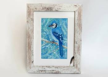 "Blue Jay" modrosójka błękitna, ptak, zima, akwarela Daniel Smith