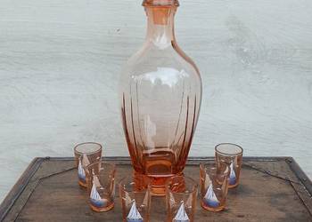 Szklana karafka z kieliszkami szkło rozalinowe motyw marynistyczny