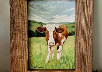 Obraz olejny ręcznie malowany, Krówka, piękna struktura farby 14x21cm