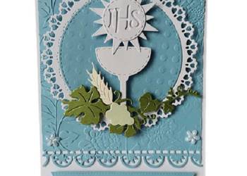 Zaproszenia Komunia Chłopiec Kielich Słoneczko W Serwetce – B6 – Błękit – B