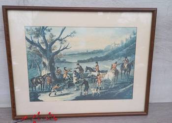 Stara litografia konie jeździectwo myślistwo polowanie Hubertus 38x29cm