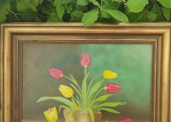 Tulipany w wazonie 
W drewnianej ramie 
w kolorze starego złota 

54 x 46 c