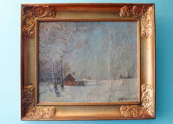 Antyczny obraz olejny 1912 Anders Björkholm zimowy pejzaż w złotej ramie