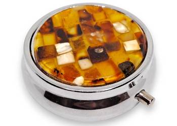 Pudełko pojemnik na leki z bursztynem, BURSZTYN, lusterko #1485