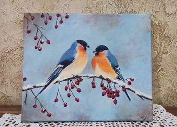 "Zimowe śniadanie" obraz 25x30 cm, akryl na płótnie
