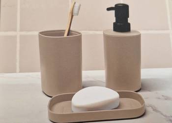zestaw łazienkowy 3szt dozownik mydła kubek mydelniczka beżowy beż