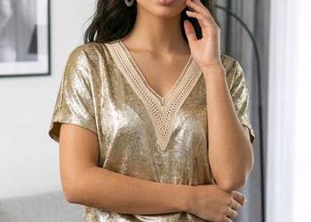 Bluzka damska złota błyszcząca elegancka koronka 2XL lekka biust 60x2