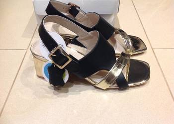 Sandały  Skórzane na Obcasie Damskie rozm 37  Czarno Złote NOWE Skóra Nat Sandały  Skórzane na Obcasie Damskie rozm 37  Czarno Złote NOWE Skóra Nat