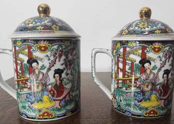 Kubek porcelanowy z pokrywką (zaparzacz) - 2 sztuki. Motyw gejsza geisha