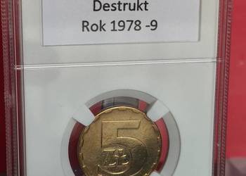 5zł z lat 1975-1979 Destrukt, w slabie. Śr.24mm 5g mosiądz
