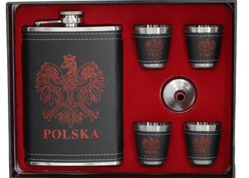 Piersiówka Obszyta Skórą z Kieliszkami Polska Godło