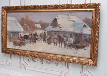 A. Setkowicz - Spotkanie Przed Karczmą - Wieś Sanie Zima Stary Obraz Olejny